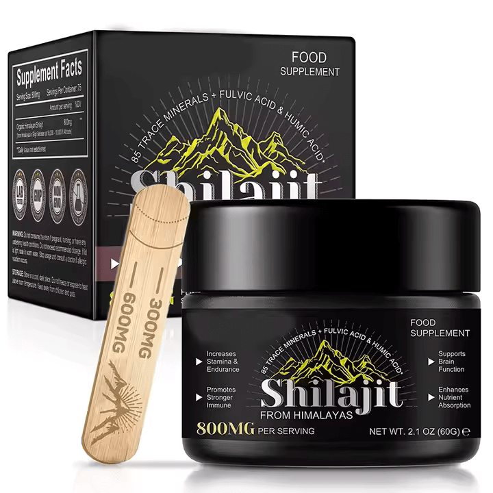 Shilajit Pure Resin 800mg supplement with glass jar and wooden spoon for vegan mineral boost and natural energy.