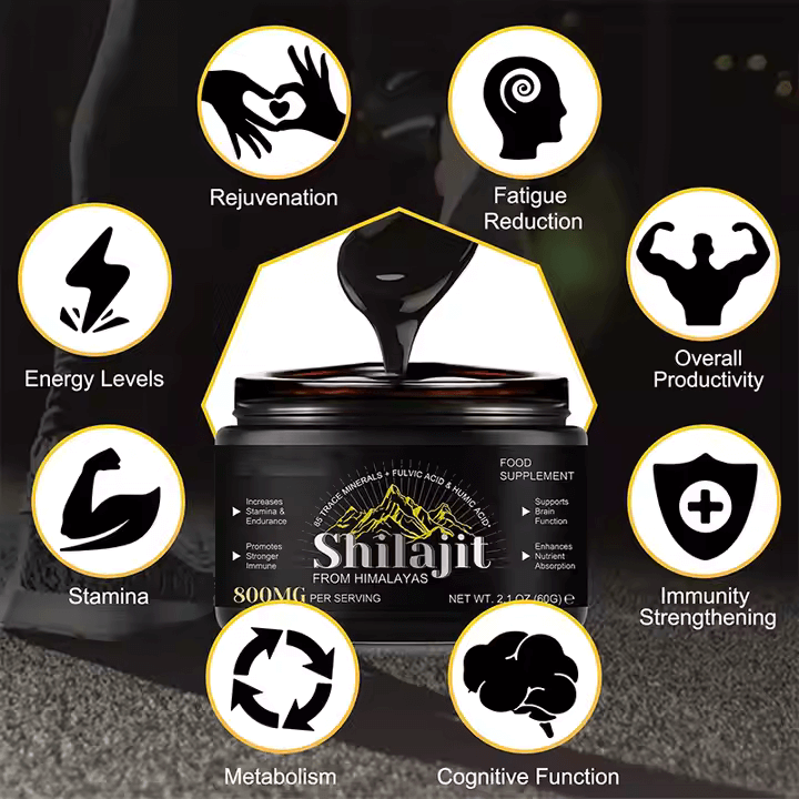 Shilajit Pure Resin benefits: energy, stamina, immunity, rejuvenation, cognitive function, metabolism, fatigue reduction, productivity.