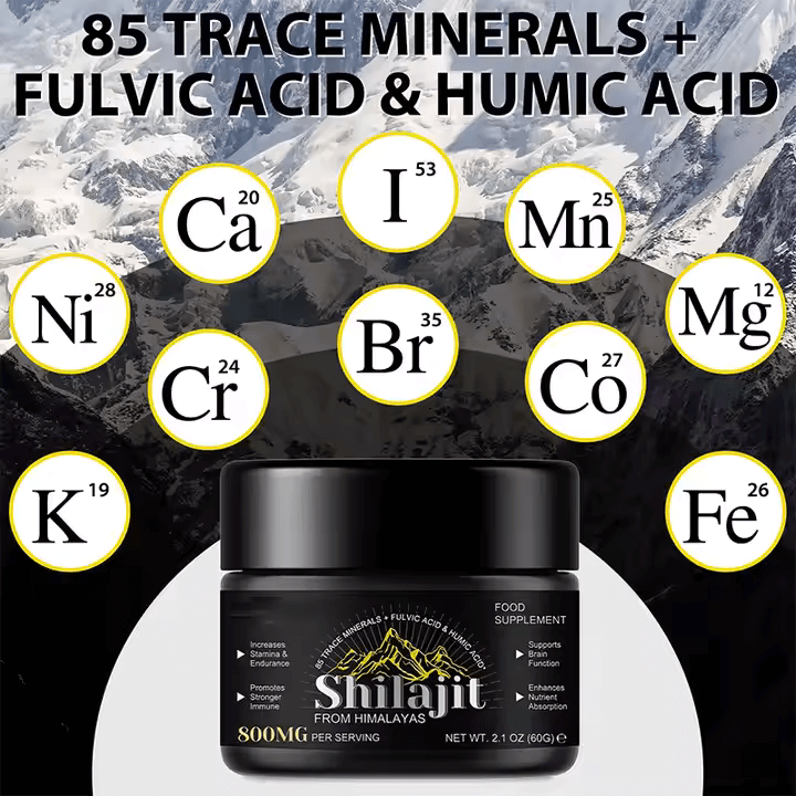 Shilajit Pure Resin jar with minerals and fulvic acid infographic, showcasing health benefits and natural vitality boost.