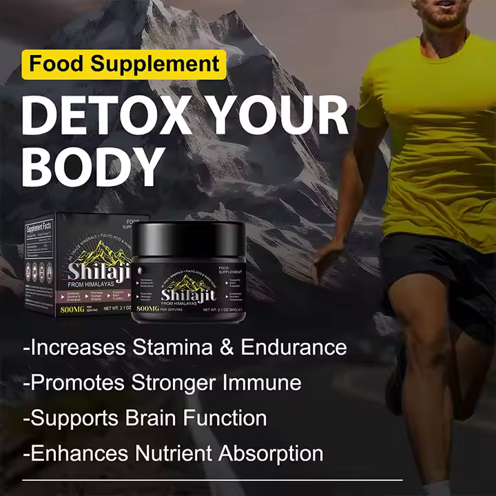 Shilajit food supplement promoting detox, stamina, immunity, brain function, and nutrient absorption in a scenic outdoor setting.