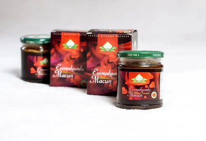 Themra Epimedium Macun jars with packaging, showcasing natural honey and herbal blend for vitality.