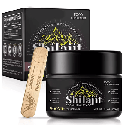 Shilajit Pure Resin 800mg supplement with glass jar and wooden spoon for vegan mineral boost and natural energy.