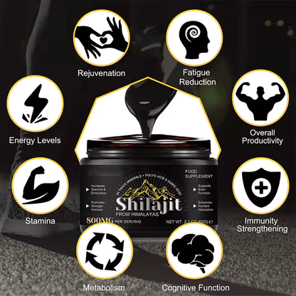 Shilajit Pure Resin benefits: energy, stamina, immunity, rejuvenation, cognitive function, metabolism, fatigue reduction, productivity.