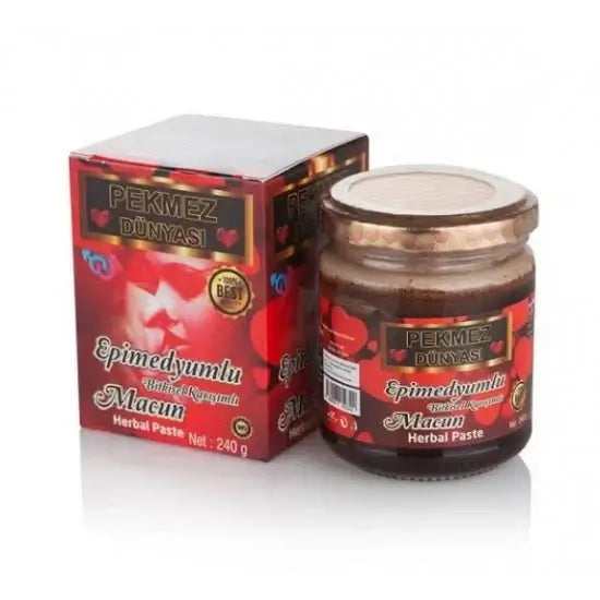 Pekmez Dünyası Epimedium Herbal Macun jar and box, natural energy booster with traditional ingredients.