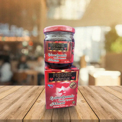 Pekmez Dünyası Epimedium Macun herbal paste jar on a wooden table, showcasing natural ingredients and traditional recipe.