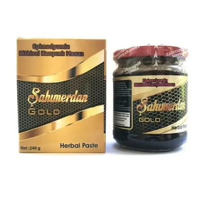 Sahmerdan Gold Herbal Paste 240g jar with gold packaging, rich traditional herbal blend for natural vitality.