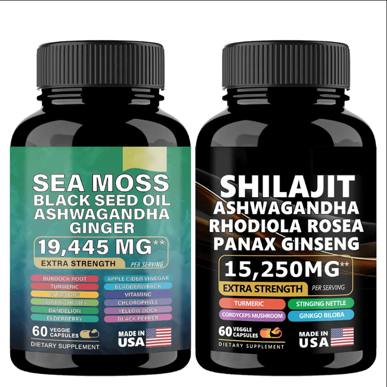 Sea Moss and Shilajit dietary supplements in black capsules, promoting natural health benefits and enriched with superfoods.