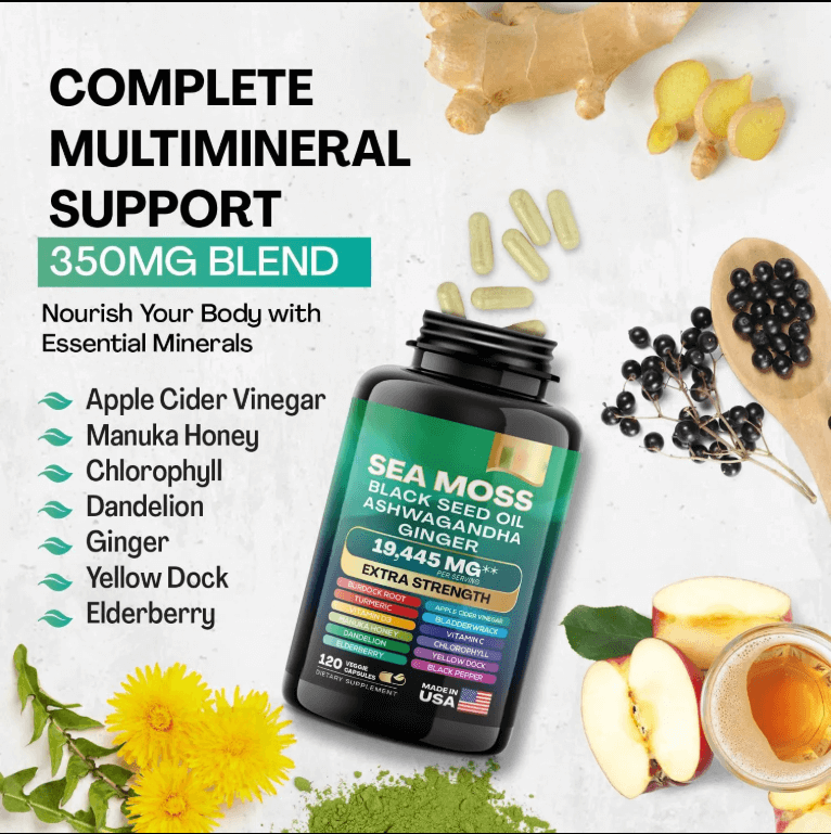 Complete Multimineral Support with Sea Moss and natural ingredients for health and energy boost.