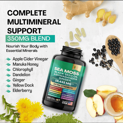 Complete Multimineral Support with Sea Moss and natural ingredients for health and energy boost.