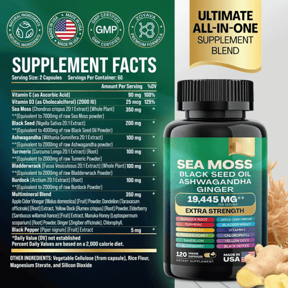 Sea Moss supplement facts label showing nutrient details for Black Seed Oil, Ashwagandha, and Ginger in a vegan formula.