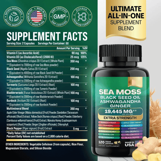 Sea Moss supplement facts label showing nutrient details for Black Seed Oil, Ashwagandha, and Ginger in a vegan formula.