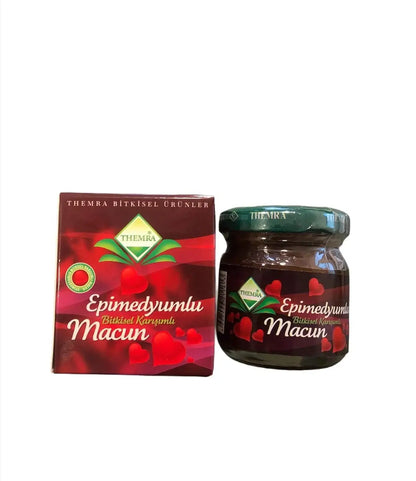Themra Epimedium Macun jar and packaging, featuring a vibrant design, promoting natural energy and stamina support.